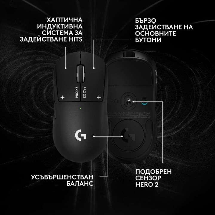 Безжична геймърска мишка Logitech G Pro X3 Superstrike, 48000 DPI, HERO 2, Черна - 910-007878 - 2