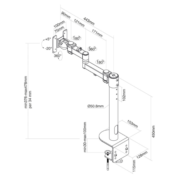 Стойка за монитор Neomounts FPMA-D960BLACKPLUS, за бюро (clamp), 10-49", VESA 75x75-100x100, до 20kg - FPMA-D960BLACKPLUS - 3