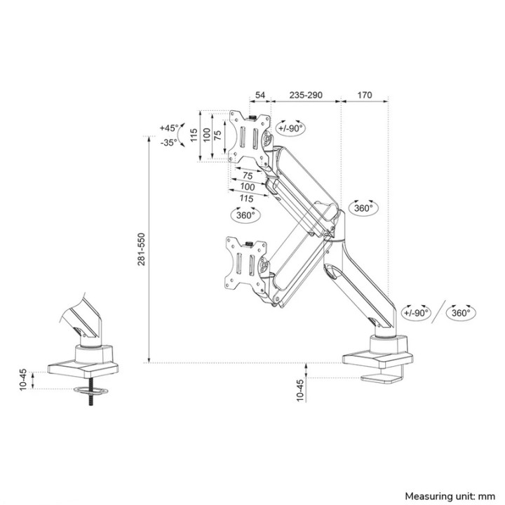 Стойка за монитор Neomounts Next Core DS70-450BL1, 17"-42", VESA 75x75-100x100, газова пружина, черна - DS70-450BL1 - 14