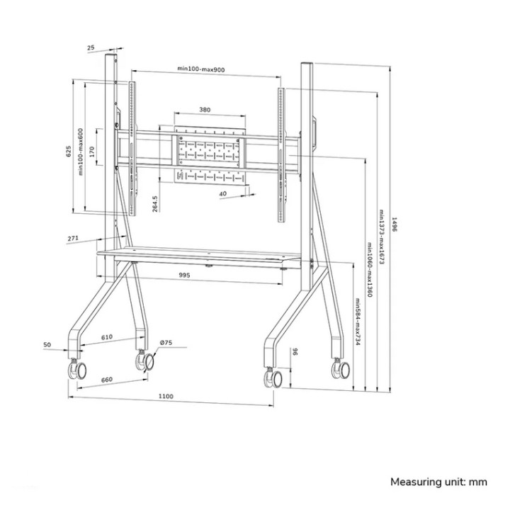 Стойка за монитор Neomounts Move Go Mobile Floor Stand FL50-525BL1, 55"-86", VESA 900x600, регулируема височина 106-136 cm, до 7