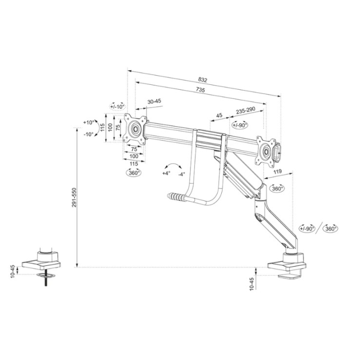 Стойка за монитор Neomounts DS75-450BL2, за 2 екрана 17"-32", VESA 75x75-100x100, Gas spring, Black - DS75-450BL2 - 11
