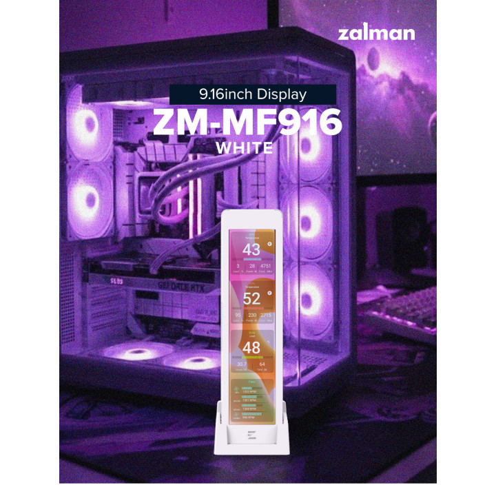 9.16" IPS дисплей за системен мониторинг Zalman ZM-MF916, 1920×462 60Hz, USB 9-Pin - ZM-MF916 WHITE - 2