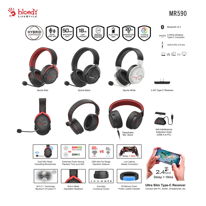 Безжични геймърски слушалки Bloody MR-590, Bluetooth/2.4GHz/3.5mm, 50mm драйвери, микрофон - MR590 SPORT BLACK - 6
