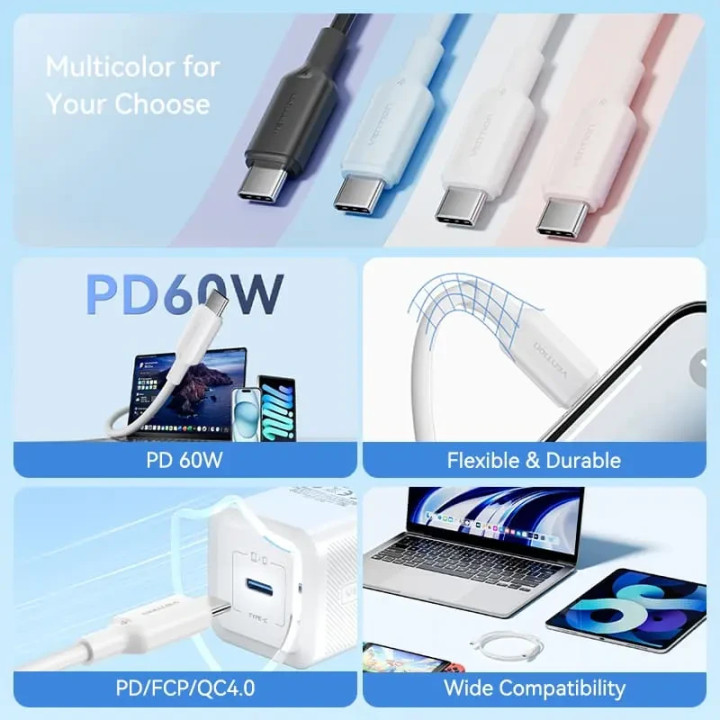 Кабел Vention USB 2.0 Type-C (м) към USB Type-C (м), 1.0m, 480Mb/s, PD 60W, бял - TRCWF - 3