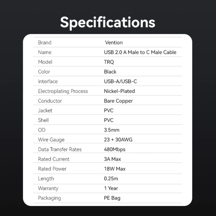 Кабел Vention USB 2.0 Type A (М) към USB-C (М), 0.25m, 480Mb/s, 3A - TRQBAC - 13