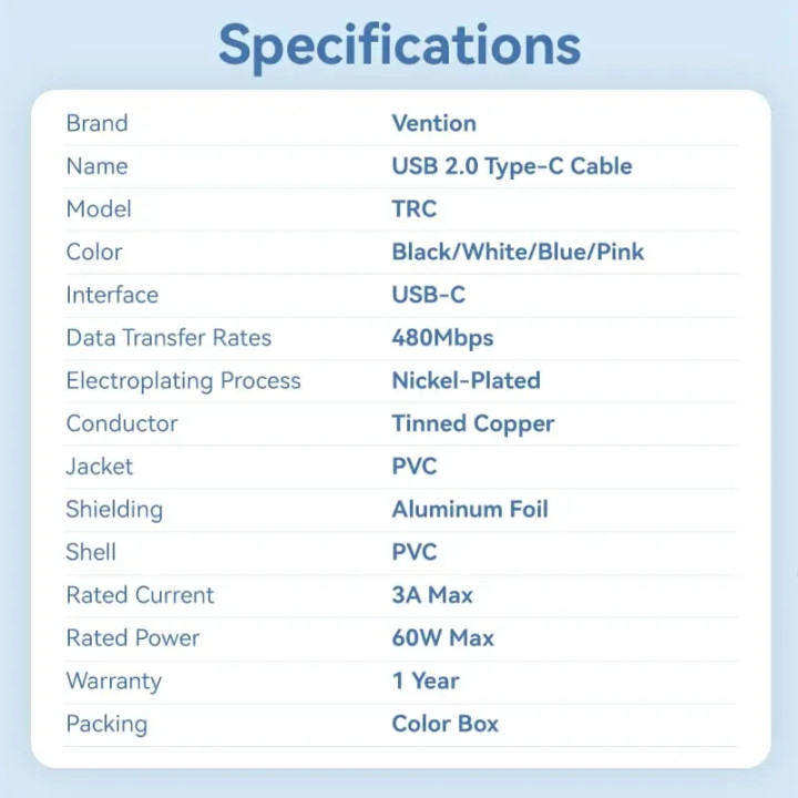 Кабел Vention USB 2.0 Type-C/Type-C, 1.0m, 480Mb/s, PD 60W - TRCBF - 11