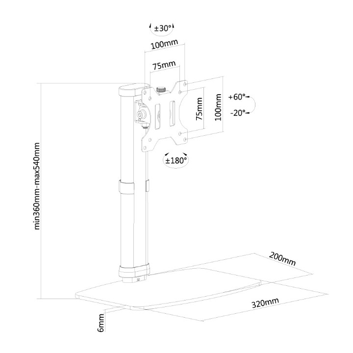 Стойка за монитор Neomounts FPMA-D890BLACK, 10-30", VESA 75x75-100x100, 6kg, регулируема височина 36-54cm - 3