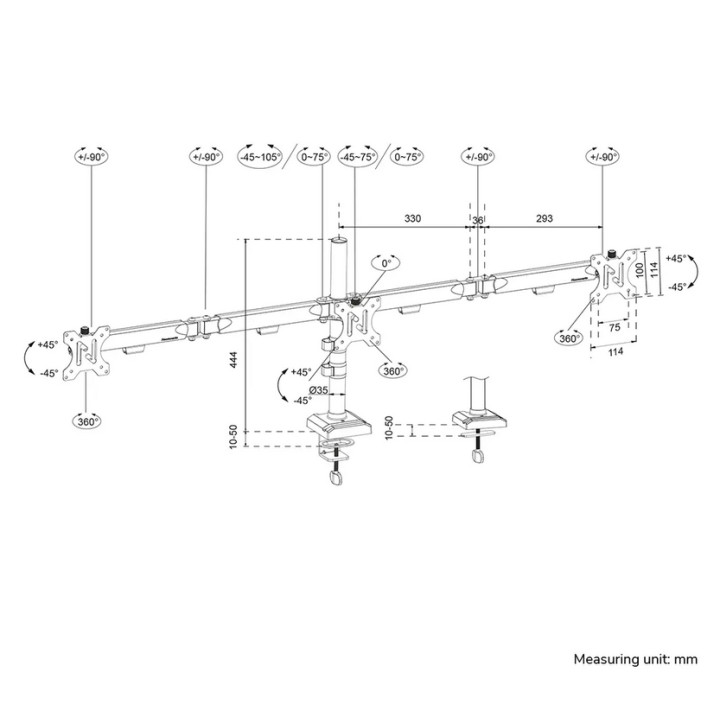 Стойка за монитори Neomounts Nero DS60-600BL3, за 3 екрана 10-27", VESA 100x100, до 6kg на екран, с щипка/отвор - 15