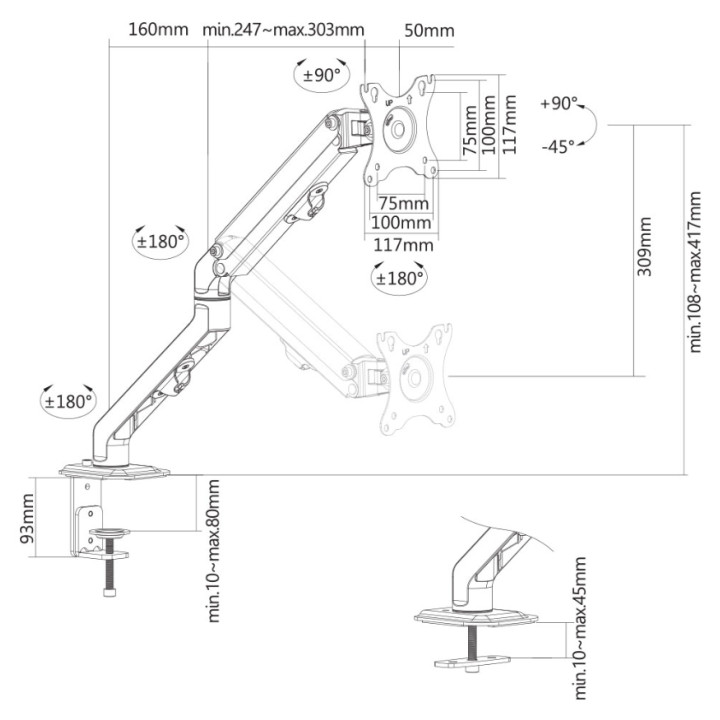 Стойка за монитор Neomounts FPMA-D650BLACK, 17"-27", VESA 75x75-100x100, газов амортисьор, черна - 15