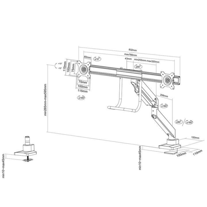 Стойка за монитори Neomounts NM-D775DXBLACK, 10-32", 2 екрана, газова пружина, VESA 75x75-100x100 - NM-D775DXBLACK - 12