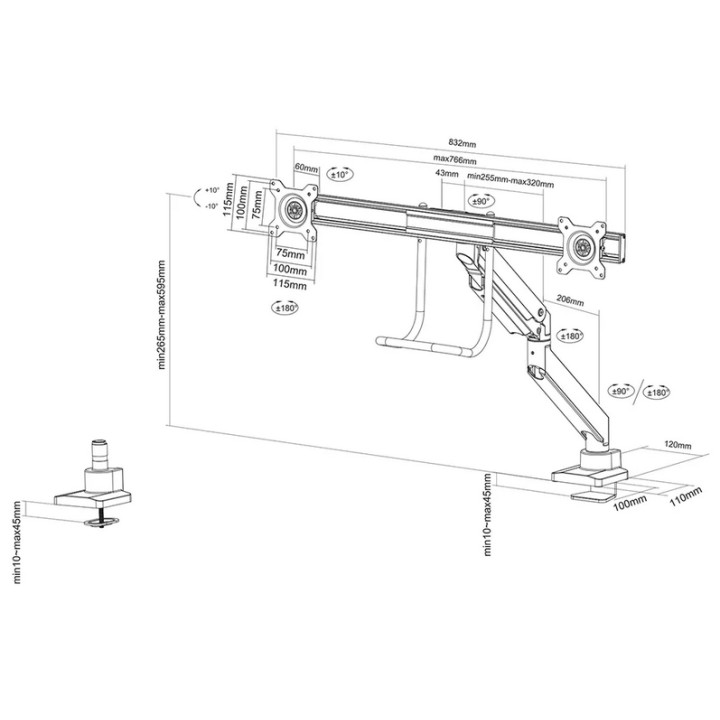 Стойка за монитор Neomounts NM-D775DXWHITE, 10-32", двойна, газов амортисьор, VESA 100x100, бяла - NM-D775DXWHITE - 14