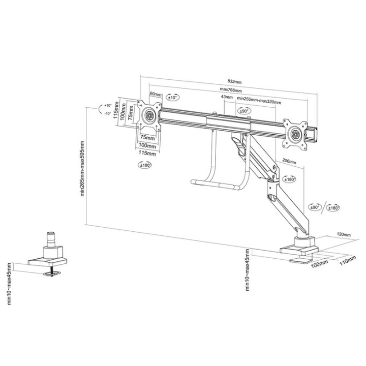 Стойка за монитори Neomounts NM-D775DXSILVER, 10-32", 2 дисплея, газов амортисьор, VESA 75x75-100x100 - 11