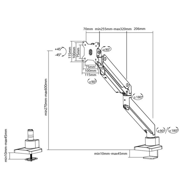 Стойка за монитор Neomounts NM-D775BLACKPLUS, 10-49", газова пружина, VESA 75x75-100x100, въртене 360°, наклон -45°/+45° - 11