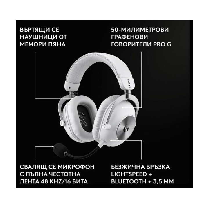 Безжични геймърски слушалки Logitech PRO X3 Lightspeed, Бели - 981-001748 - 2