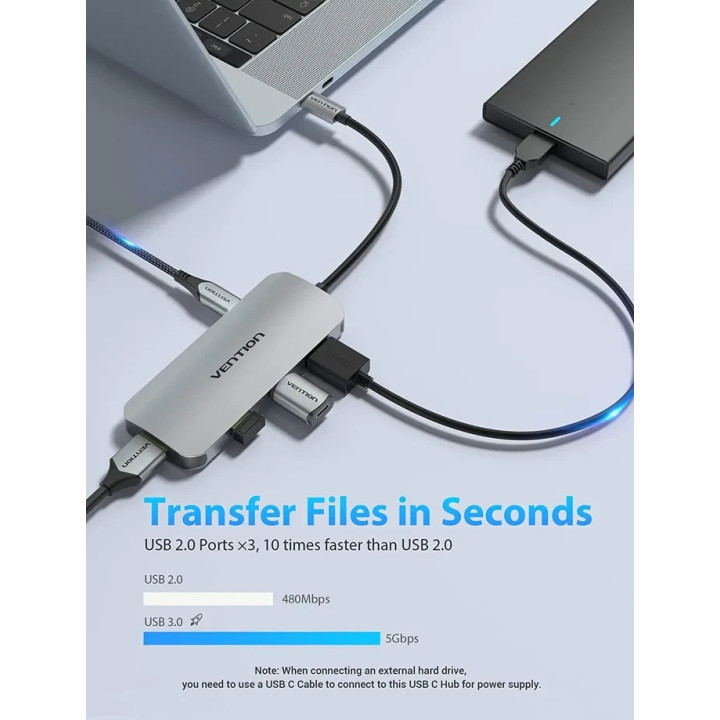 Докинг станция Vention Type-C TOJHB, HDMI, 3x USB 3.0, USB-C PD 100W, SD/TF - TOJHB - 2