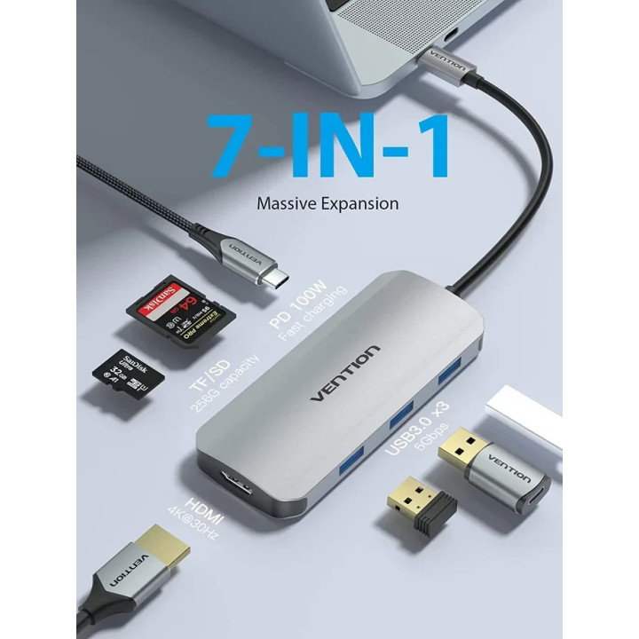 Докинг станция Vention Type-C TOJHB, HDMI, 3x USB 3.0, USB-C PD 100W, SD/TF - TOJHB - 5
