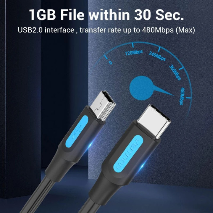 Кабел Vention USB 2.0 Type-C (м) към Mini USB 5pin (м), 0.5m, екраниран - COWBD - 6
