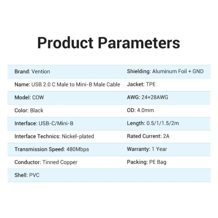 Кабел Vention USB 2.0 Type-C (м) към Mini USB 5pin (м), 0.5m, екраниран - COWBD - 13