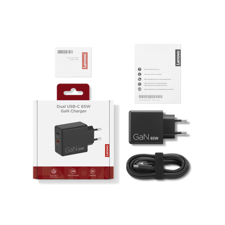Адаптер за лаптоп Lenovo Dual 65W USB-C, 2 порта USB-C (45W + 18W), черен - G0A6065BEU - 1