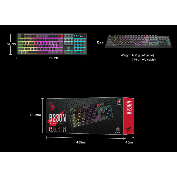 Геймърска клавиатура Bloody B230N, Полу-механична, RGB подсветка, USB - B230N-WH - 7
