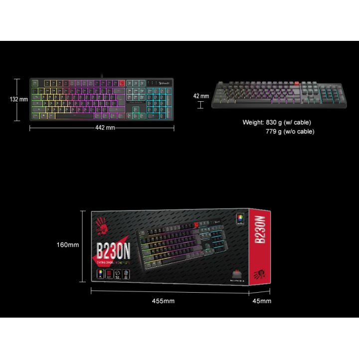 Полу-механична геймърска клавиатура Bloody B230N, USB, LED подсветка, макро бутони - B230N-BL - 10