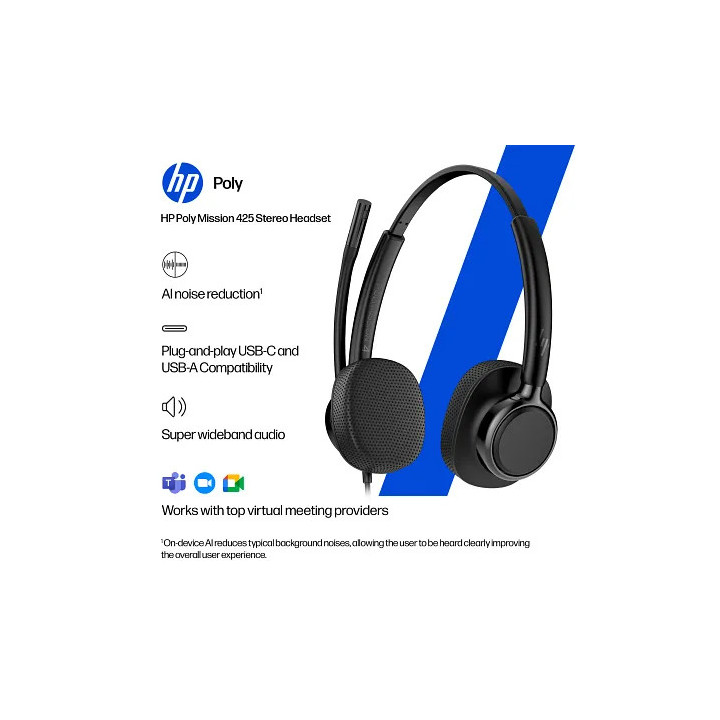 Слушалки HP Poly Mission 425, USB-C/USB-A, стерео, микрофон с AI шумопотискане, Microsoft Teams сертифициран - C01B6AA#AC3 - 5
