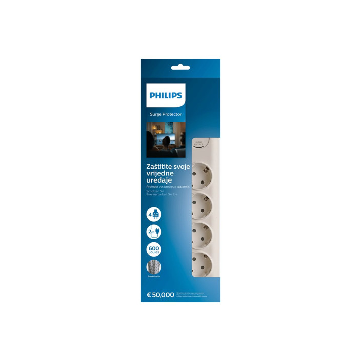 Разклонител Philips SPN7040WA, 4 гнезда, защита 600J, 3680W, 2m кабел - SPN7040WA/58 - 1