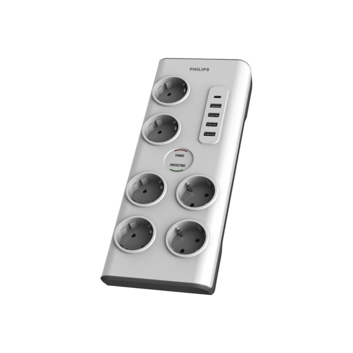 Разклонител Philips SPN7060WA, 6 гнезда, 5 USB порта (4x USB-A 25W + 1x USB-C 15W), защита 900J, 2m кабел - SPN7060WA/58 - 1