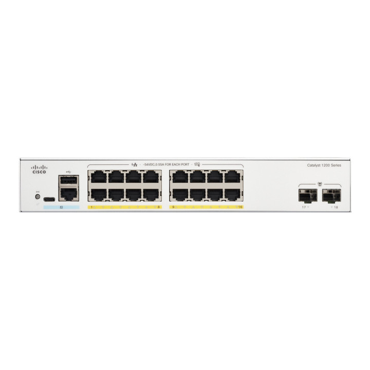 Суич Cisco Catalyst 1200, 16x GE PoE+ портa, 2x 1G SFP, Layer 3, 120W PoE бюджет - C1200-16P-2G - 2