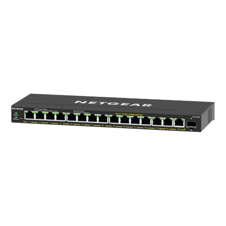 Мрежов суич NETGEAR GS316EP, 16-port Gigabit Managed PoE+, 180W PoE Budget, 1x SFP - GS316EP-100PES - 1