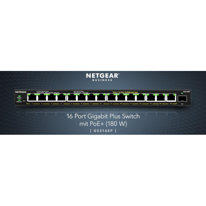 Мрежов суич NETGEAR GS316EP, 16-port Gigabit Managed PoE+, 180W PoE Budget, 1x SFP - GS316EP-100PES - 2
