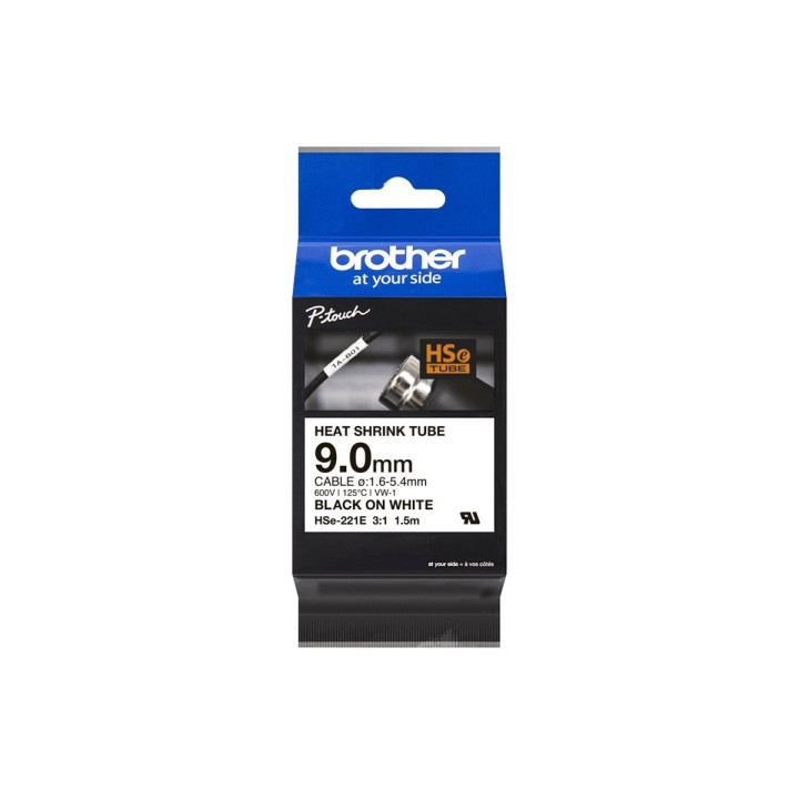 Термосвиваща лента Brother HSE, 9mm x 1.5m, черно на бяло - HSE221E - 1
