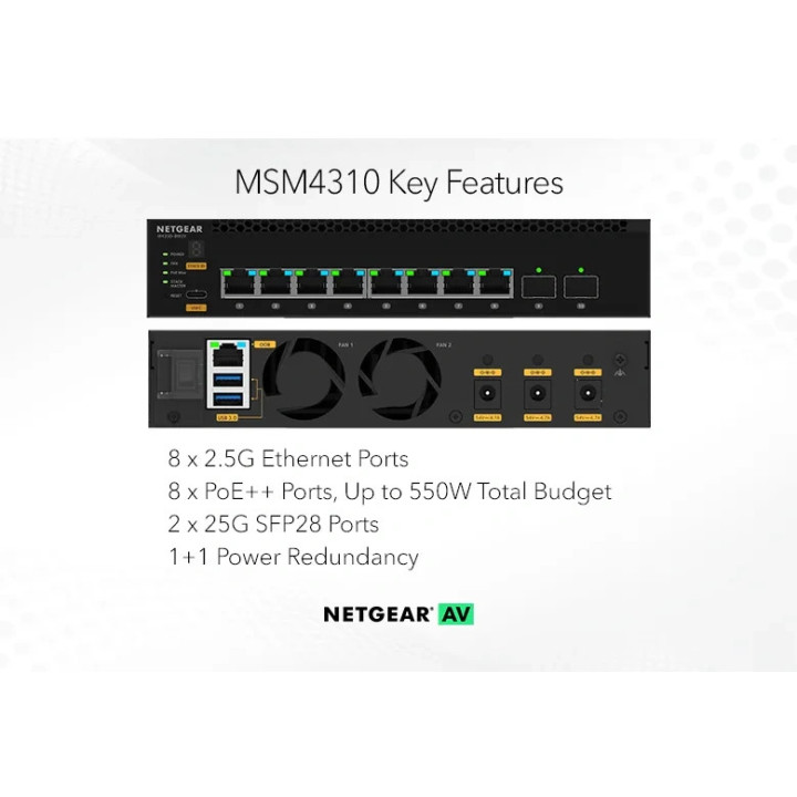 Мрежов суич NETGEAR M4350-8M2V, 8x 2.5GBase-T PoE++, 2x 25G SFP28, L3 Managed - MSM4310-100NES - 2