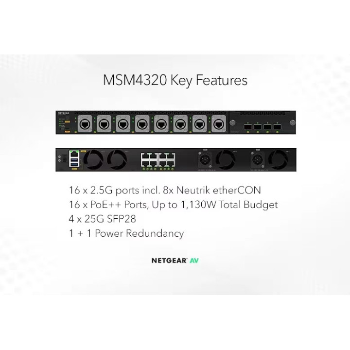 Управляем мрежов суич NETGEAR M4350-16M4V, 16x 2.5GBase-T PoE++, 4x 25G SFP28, L3, Stackable - MSM4320-100NES - 3