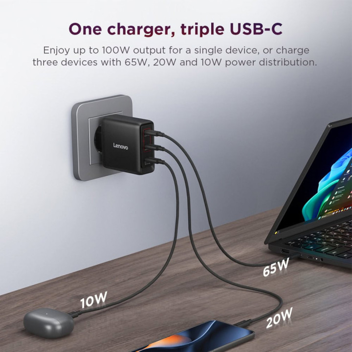 Захранване Lenovo Multi-port USB-C GaN, 100W, 3x USB-C, EU - 40AW100BEU - 2