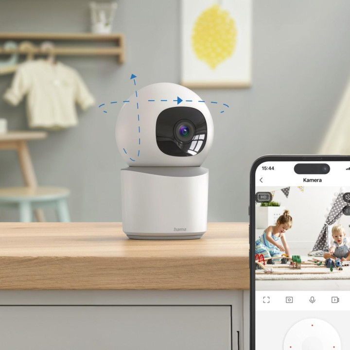 Камера за наблюдение HAMA, Wi-Fi, Full HD, въртяща се, нощно виждане, двупосочно аудио, за закрити помещения, бяла - HAMA-176695