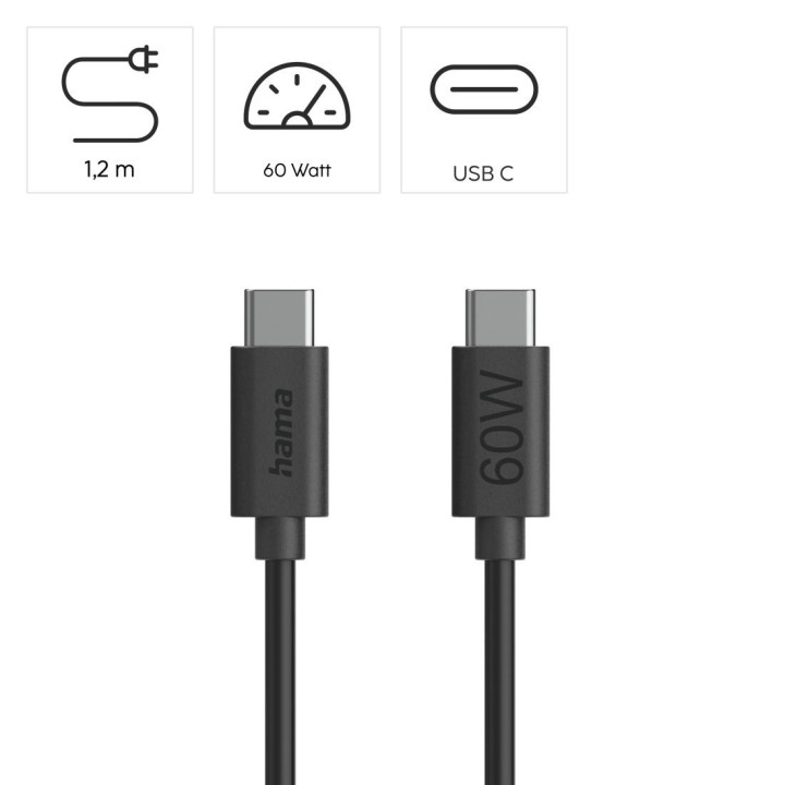 Кабел за зареждане HAMA, USB-C - USB-C, 60W, 1.2м, черен - HAMA-86446 - 3