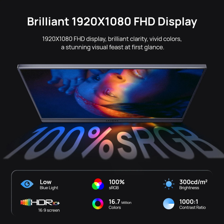 Преносим монитор Arzopa Z1C, 16.1" Full HD IPS, 60Hz, 16:9, 300 cd/m2, USB-C, Mini HDMI, Сив - ARZOPA-Z1C-GREY - 4