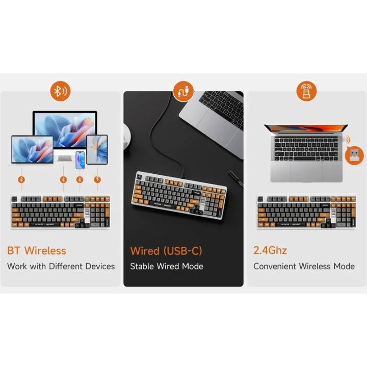 Bluetooth механична геймърска клавиатура MCHOSE UT98 Classic Therapy, 98%, безжична, Silent Peach V3 Linear, Hot-Swap, RGB, US E