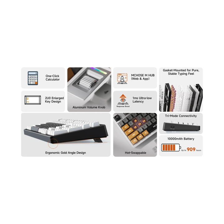 Bluetooth механична геймърска клавиатура MCHOSE UT98 Classic Therapy, 98%, безжична, Silent Peach V3 Linear, Hot-Swap, RGB, US E