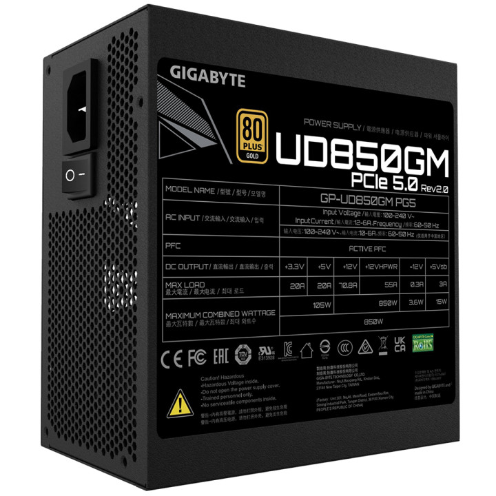 Захранване Gigabyte UD850GM PG5, 850W, 80  GOLD, Modular, ATX 3.0, PCIe 5.0 Ready - GP-UD850GM PG5