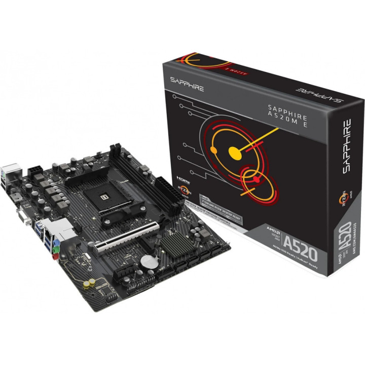 Дънна платка SAPPHIRE A520M-E, AMD A520, Socket AM4, 2x DDR4 до 64GB, 1x M.2, 4x SATA, Micro-ATX - 52119-04-40G - 1