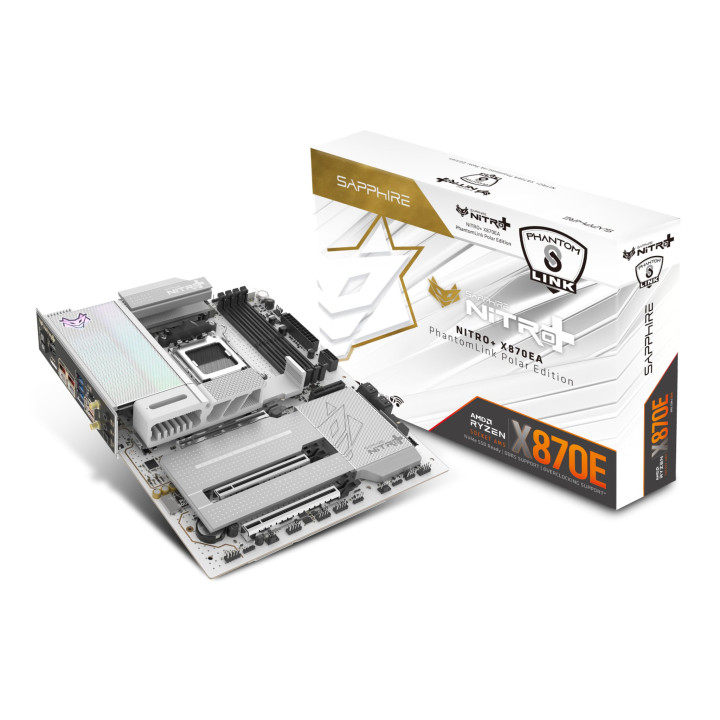 Дънна платка Sapphire NITRO+ X870E PhantomLink Polar Edition, Socket AM5, 4 × DDR5, PCIe 5.0 x16, 4 × M.2, Wi-Fi 7, ATX - 52122-