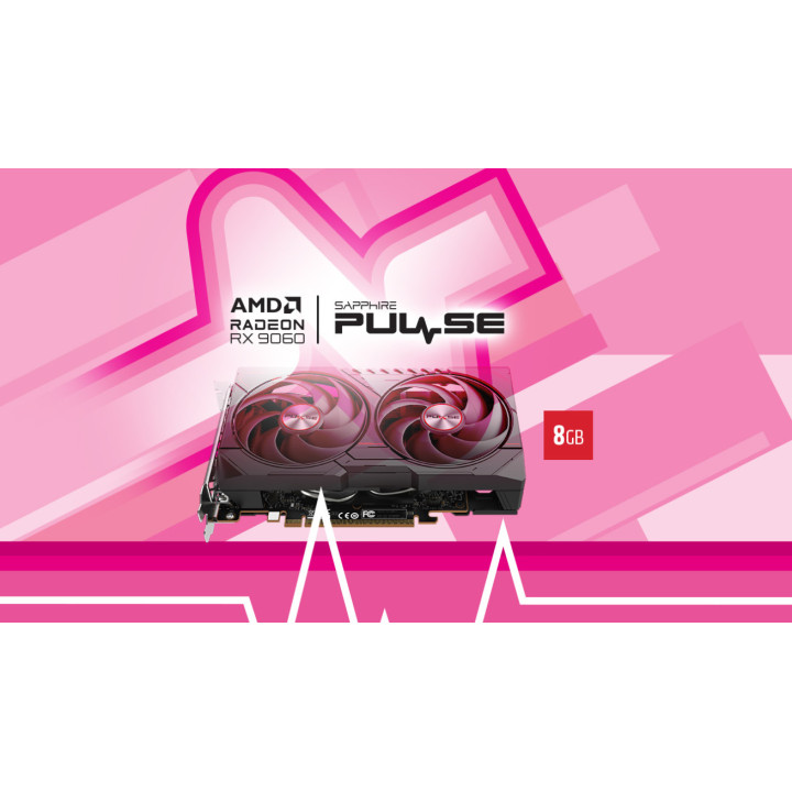 Видео карта SAPPHIRE PULSE Radeon RX 9060 OC Gaming, 8GB GDDR6 128-bit, PCI Express 5.0 x16 - 11351-14-10G - 2