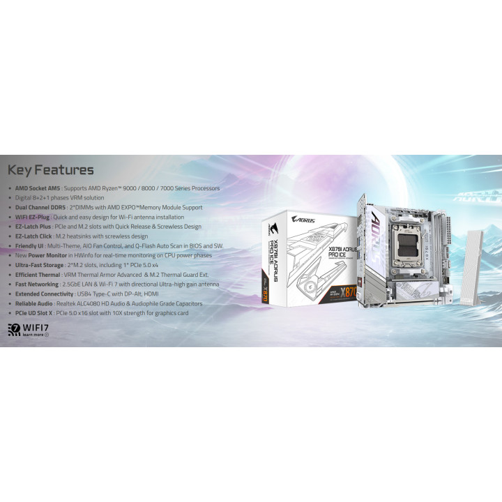 Дънна платка GIGABYTE X870I AORUS PRO ICE WIFI 7, Socket AM5, AMD X870, DDR5, Wi-Fi 7, Mini ITX - 2