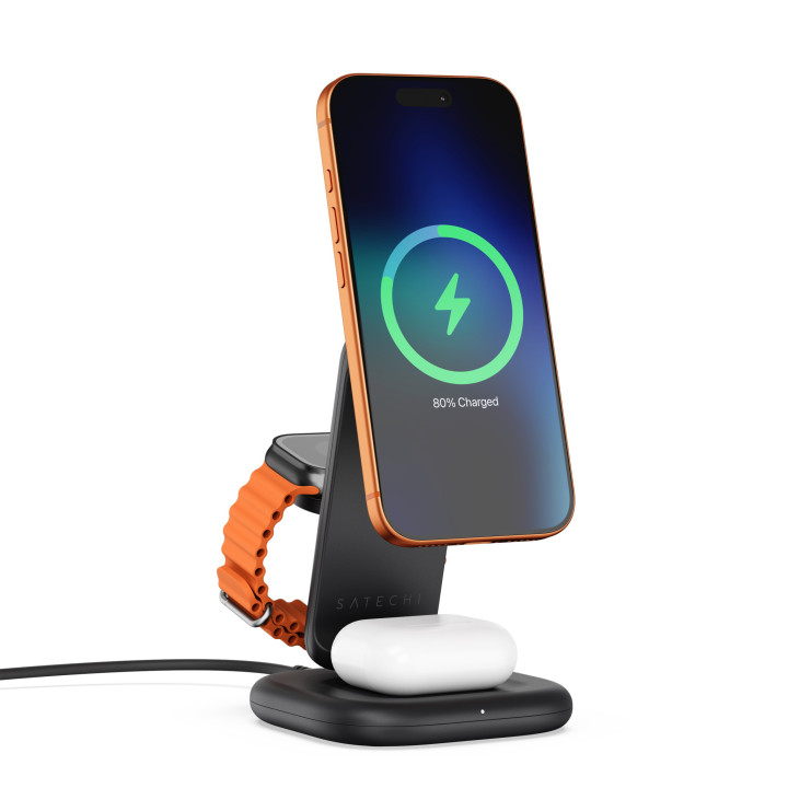 Безжично зарядно Satechi 3-in-1 Foldable Qi2, 25W, сгъваема стойка за телефон, часовник и слушалки, Space Black - ST-Q25F31C-EA 