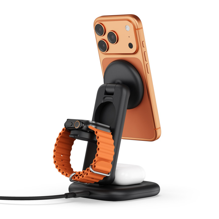Безжично зарядно Satechi 3-in-1 Foldable Qi2, 25W, сгъваема стойка за телефон, часовник и слушалки, Space Black - ST-Q25F31C-EA 