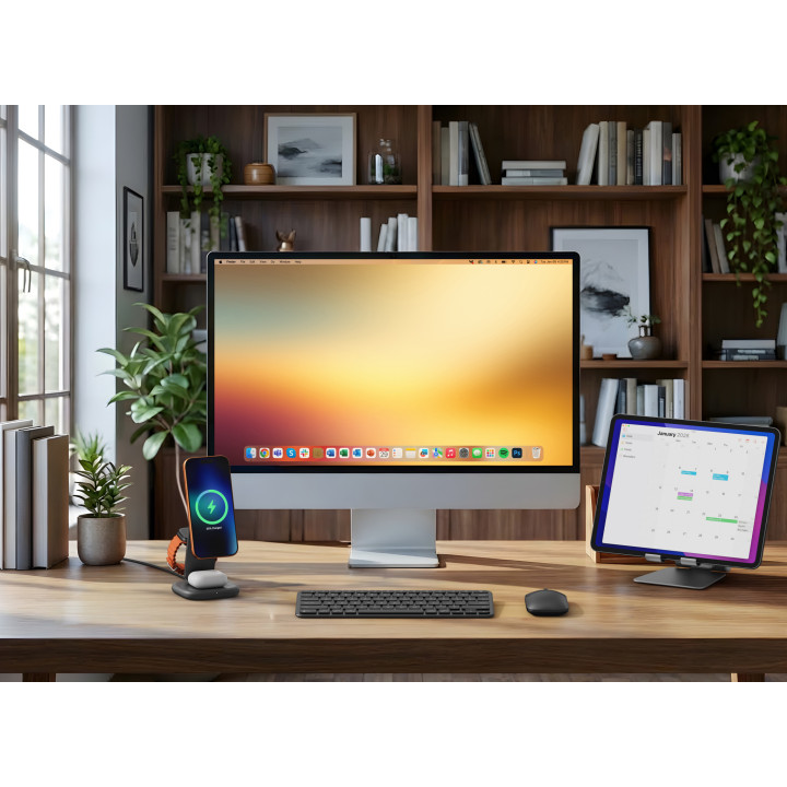 Безжично зарядно Satechi 3-in-1 Foldable Qi2, 25W, сгъваема стойка за телефон, часовник и слушалки, Space Black - ST-Q25F31C-EA 