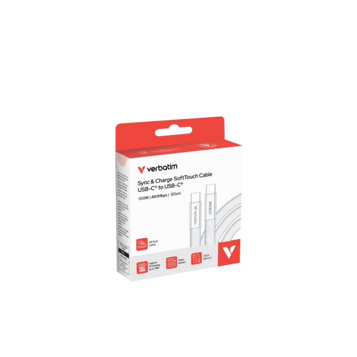 Кабел Verbatim Sync & Charge SoftTouch, USB-C към USB-C, 100W, 120cm, бял - 30277 - 3