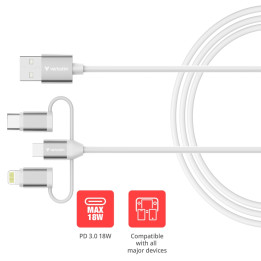 Кабел Verbatim Sync & Charge 3-in-1, USB-A към Micro-B/USB-C/Lightning, 18W, 1m - 32394 - 1